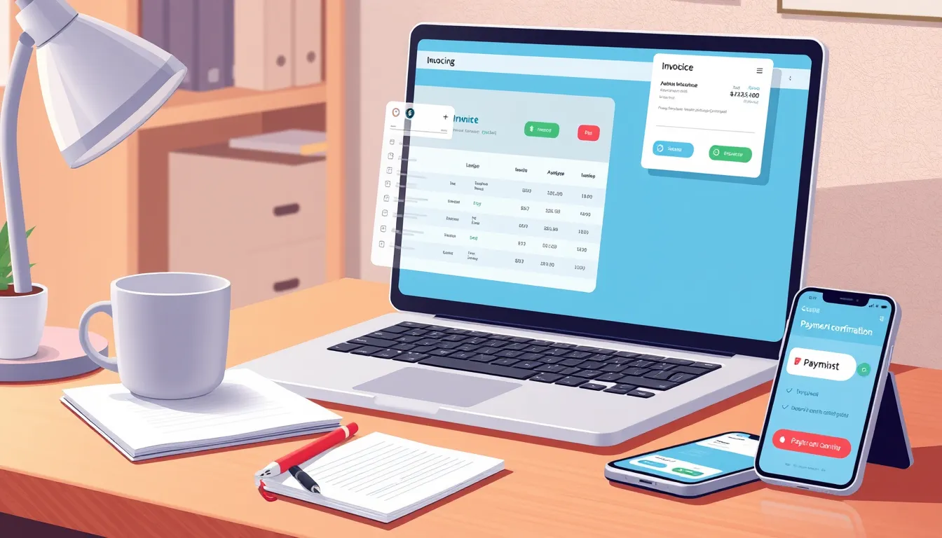 Desk with laptop showing invoicing dashboard, phone with payment confirmation, coffee mug, notepad.