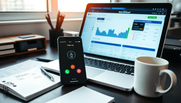 Desk with laptop, phone, planner, and coffee mug, showing a sales follow‑up workflow.