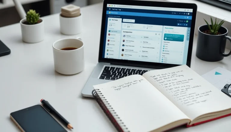 A tidy office desk with a laptop showing a task management app, a notebook, a coffee mug, and a plant.